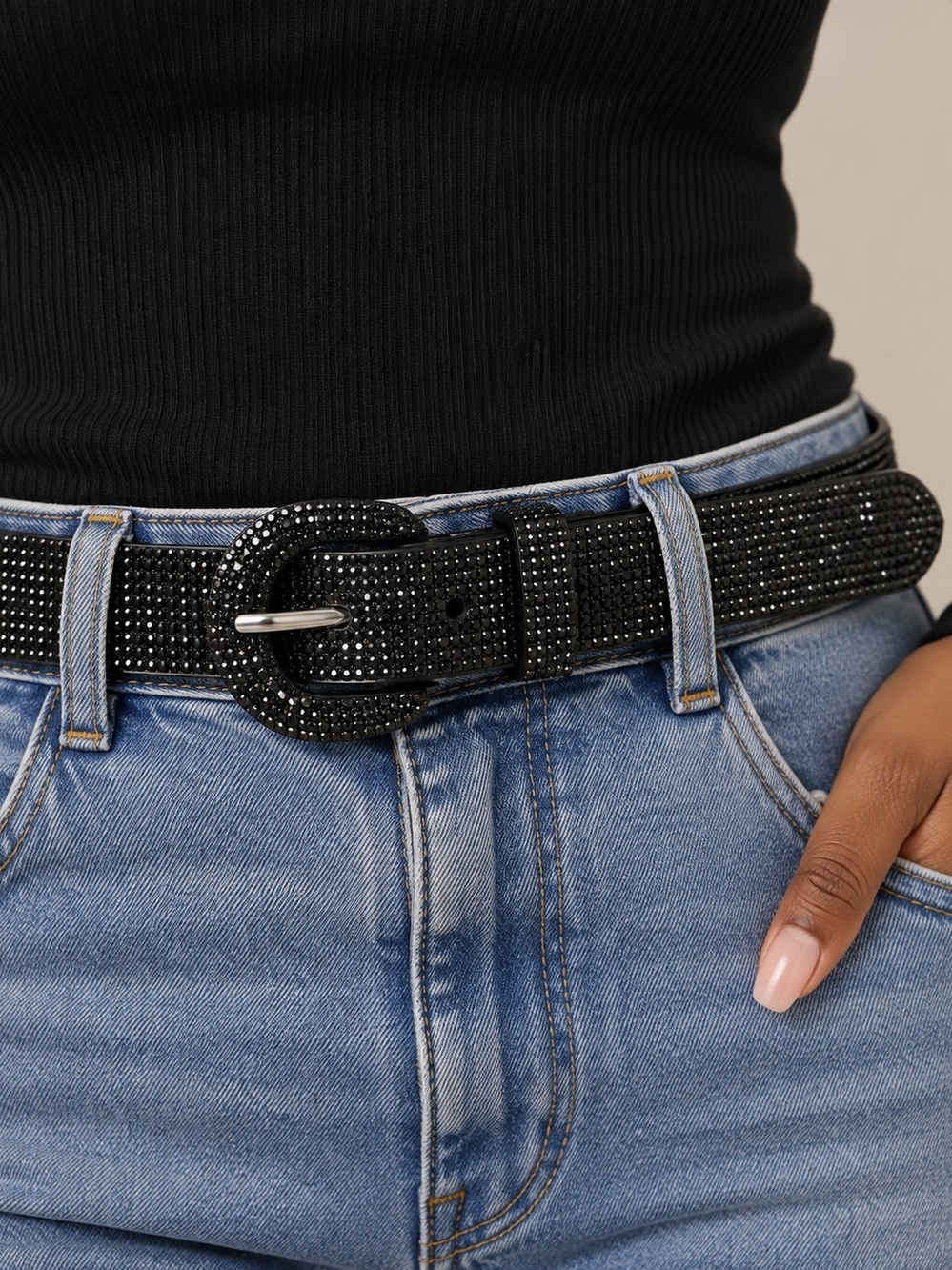 Black Crystal Embellished Women's Belt